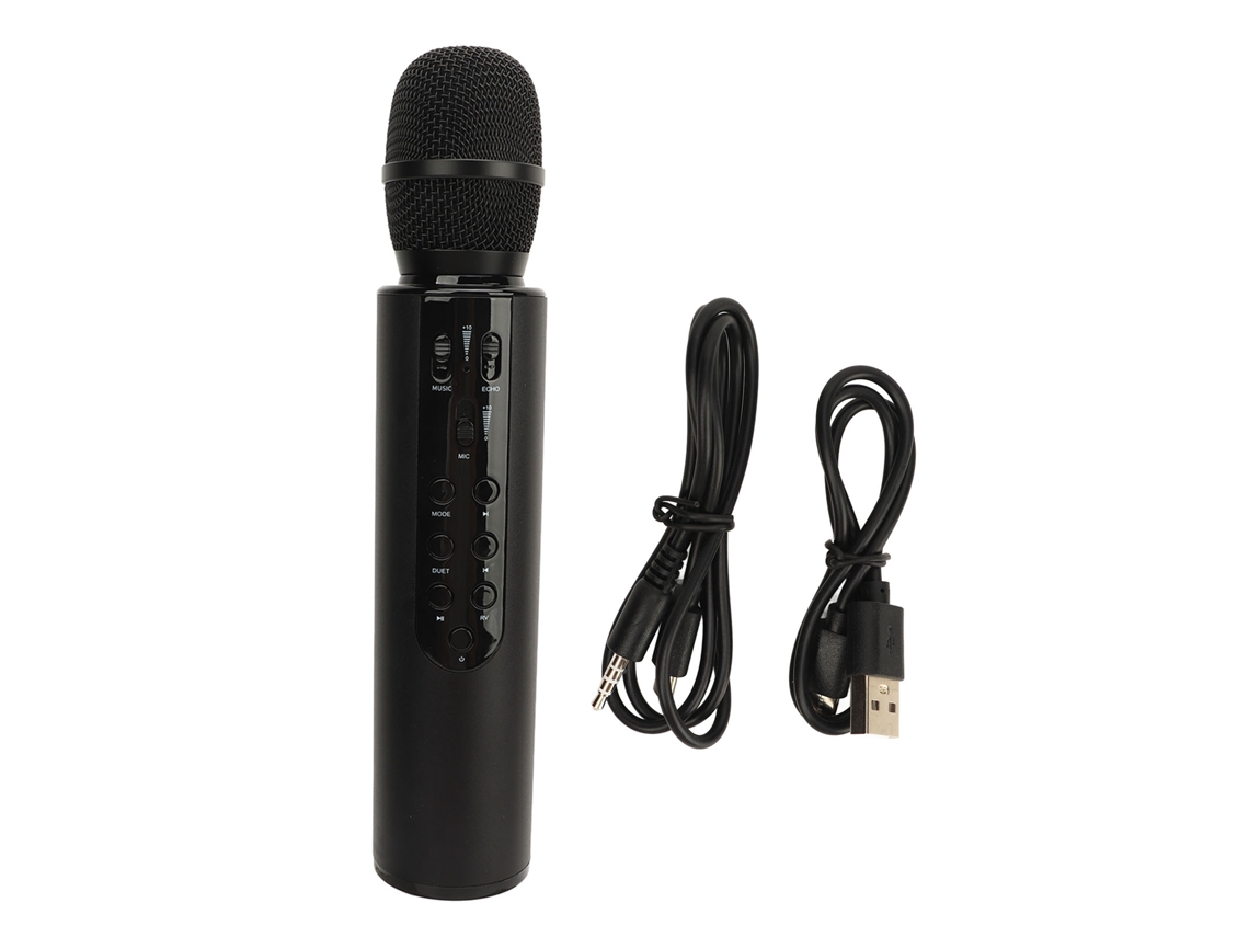 Microfone capacitivo sem fio 2026 com alto-falantes duplos, máquina de karaokê portátil Bluetooth, preto.