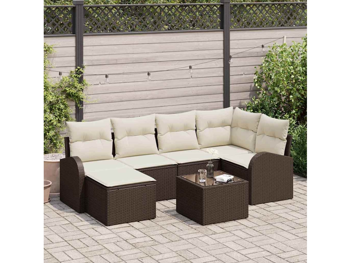Vidaxl Conjunto De Sofás Com Almofada 7 Pcs Marrom E Branco Vime Pe