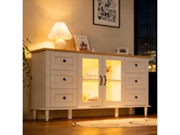 Armário De Sala 150x40x75cm, 2 Portas Acrílicas, 6 Gavetas, Luz Led, Branco+madeira