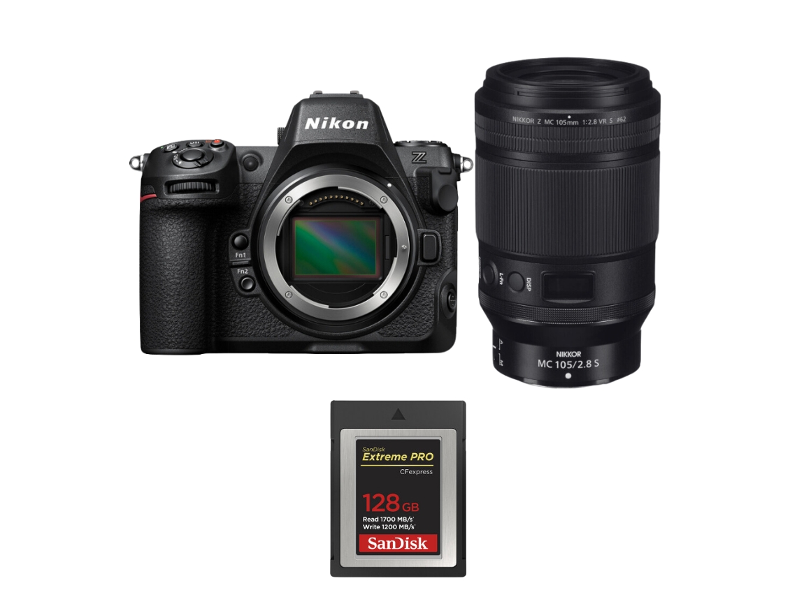 Z8 + Z Mc 105mm F/2.8 Vr S Macro + 1 Sandisk 128gb Extreme Pro Cfexpress Type B Máquina Fotográfica Híbrida Full frame + Ebook Pricedirect NIKON