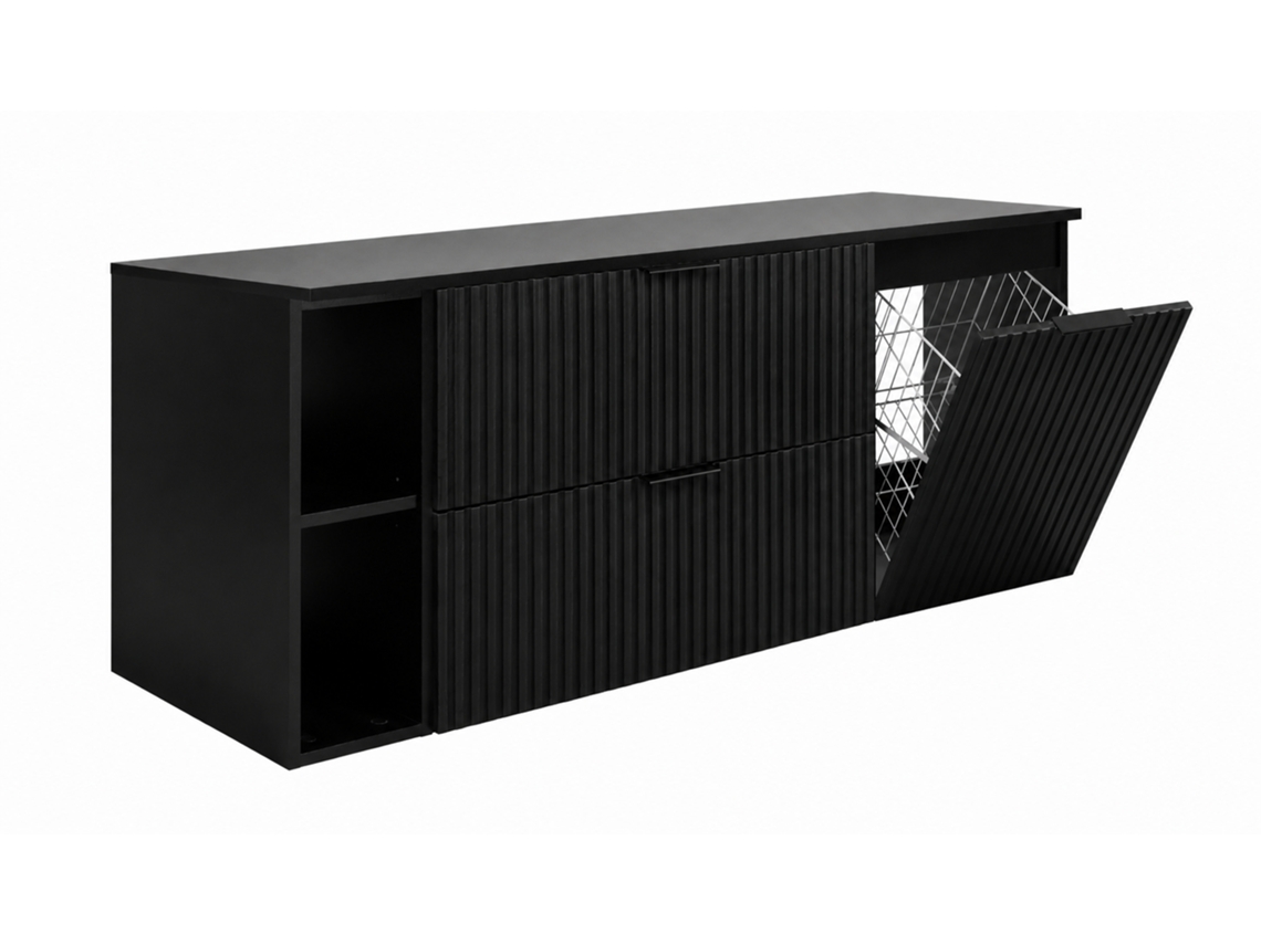 Conjunto Casa De Banho Com Cesto Para Roupa, 3 Módulos, Preto / Puxadores Pretos, 140x57x46 Cm