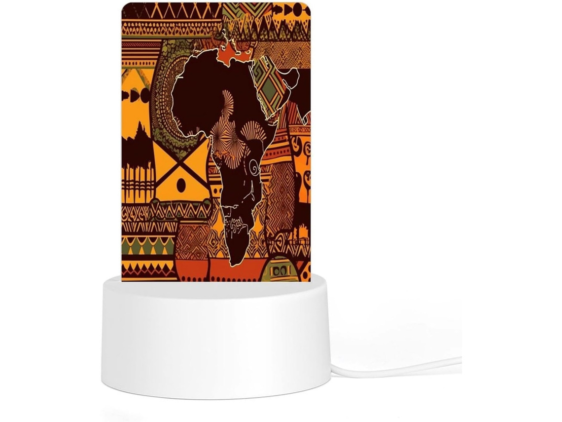 Luminária noturna LED acrílica plug and play com base de plástico, design étnico africano, estampa de mapa da África.