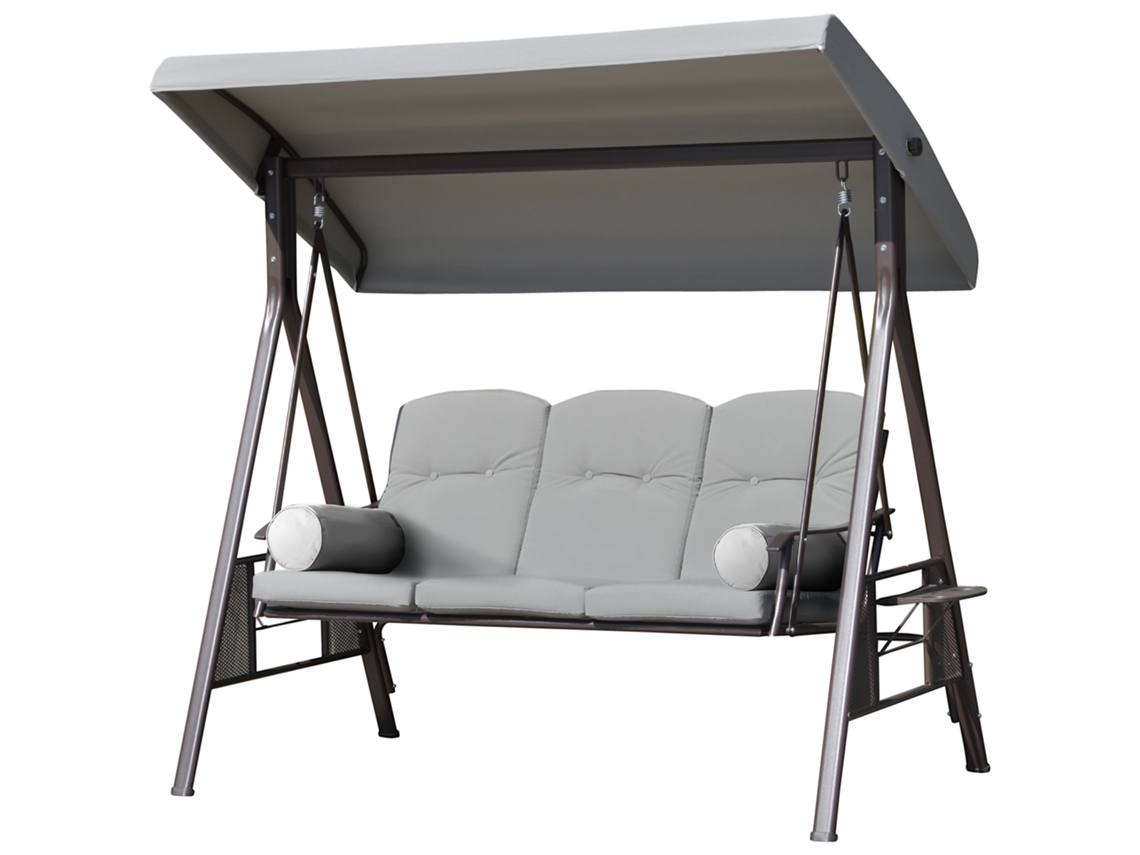 Baloiço de Jardim 3 Lugares com Toldo Metálico, 116x206x183 Cm, com Bandeja, Estrutura Cinza | S/MARCA