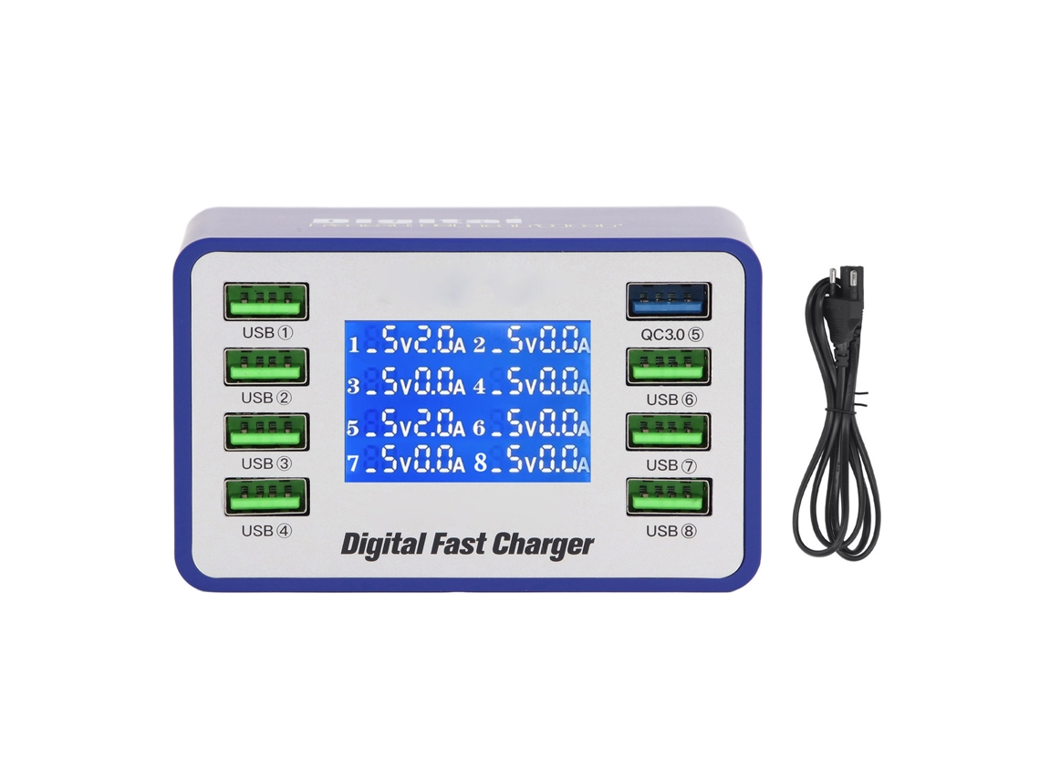 Carregador Usb Com 8 Portas Qc3.0, Tela Digital, Chip Pwm, 50w, Usb A, Tecnologia De Detecção Automática