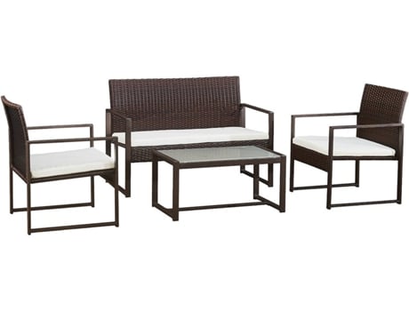 Conjunto de Jardim HAPPY GARDEN Majorque em Resina Trançada Castanho (4 Lugares - Almofadas Bege )