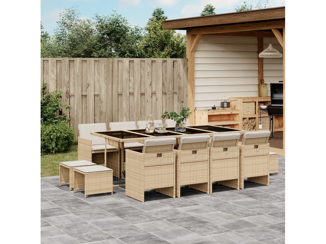 Vidaxl 13 Pcs Conjunto De Jantar P/ Jardim Com Almofadões Vime Pe Bege