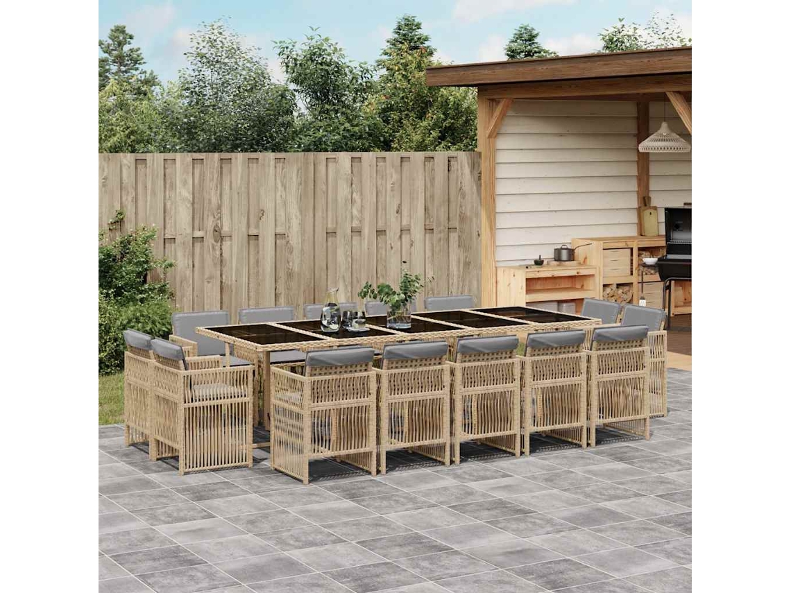 Vidaxl 15 Pcs Conj. Jantar Jardim C/ Almofadões Vime Pe Bege Misturado