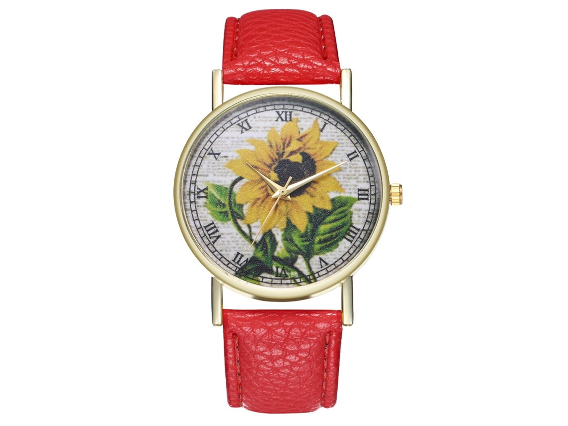 Relógio de quartzo com pulseira de couro PU, estampa de girassol e numerais romanos, unissex (vermelho)