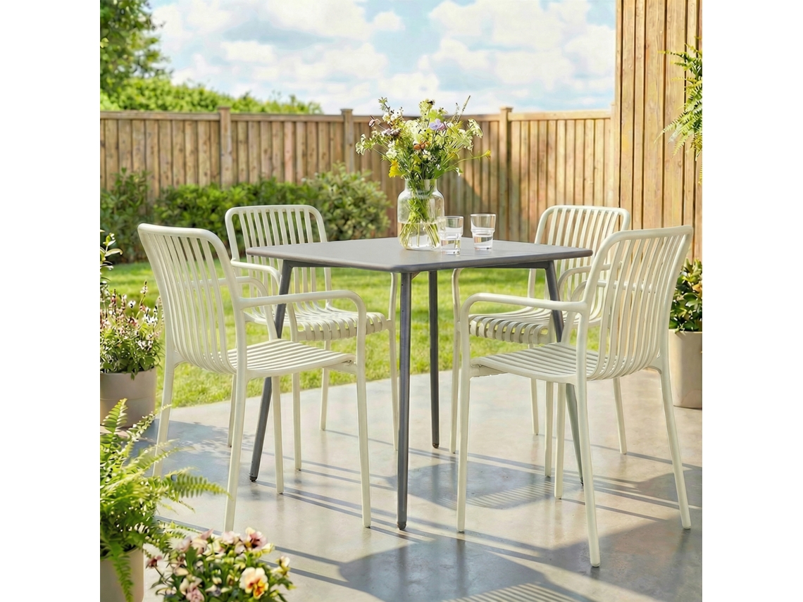 Conjunto De 4 Cadeiras Empilháveis Para Jardim E Pátio, Com Braços E Design Ripado Na Cor Creme Branco, Ergonômicas