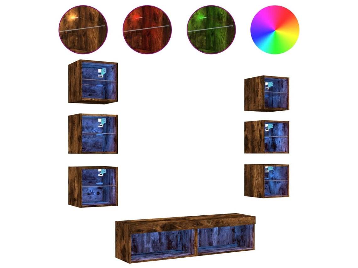 Conjunto de Parede Móveis P/ Tv C/ Leds Derivados Madeira Carvalho Fumado MAISON EXCLUSIVE