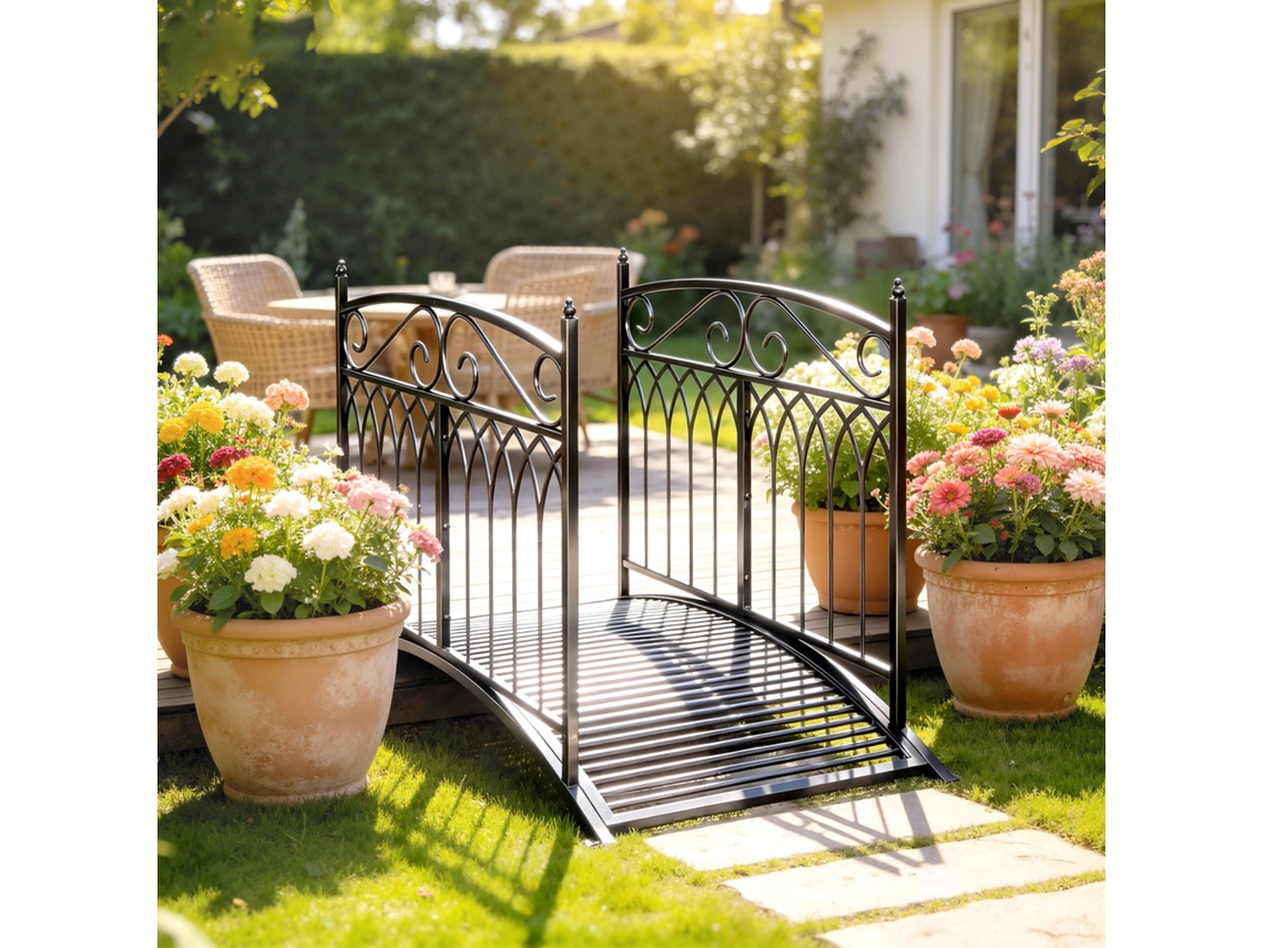 Ponte Metálica Para Jardim 135,5 Cm Com Corrimão De Segurança, Estilo Antigo E Resistente À Ferrugem, Fácil Instalação