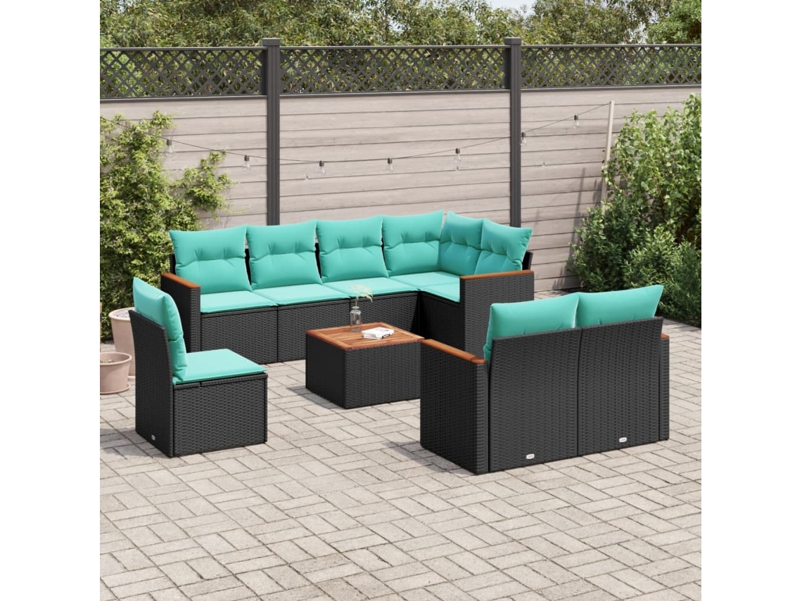 Vidaxl Conjunto De Sofá De Jardim De 9 Peças Com Almofadas Em Rattan Sintético Preto