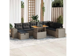 Vidaxl 9 Pcs Conjunto Sofás Jardim Almofadões Vime Pe/acácia Cinzento