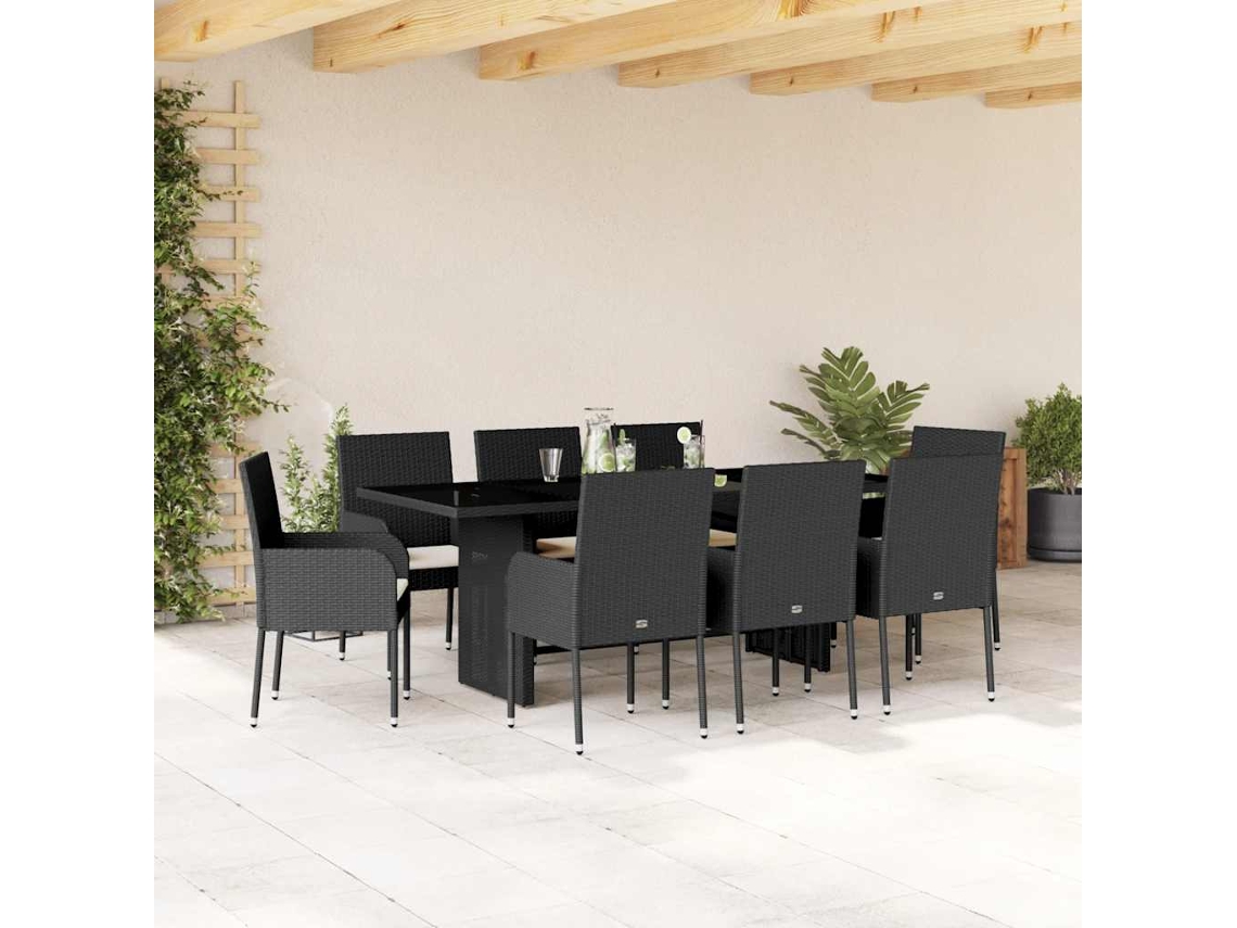 Vidaxl 9 Pcs Conjunto De Jantar P/ Jardim C/ Almofadões Vime Pe Preto