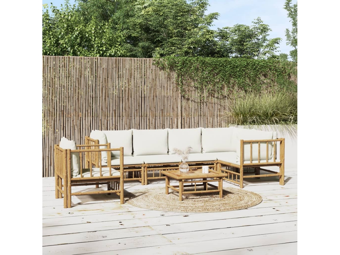 Pcs Conjunto Lounge De Jardim Bambu C/ Almofadões Branco Nata Dkd Home Decor