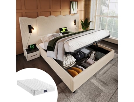 Cama De Casal Estofada 160×200 Com Candeeiro De Leitura E Função De Carregamento Usb Tipo C, Estrutura De Cama Com Arrumação E Estrutura De Ripas Em