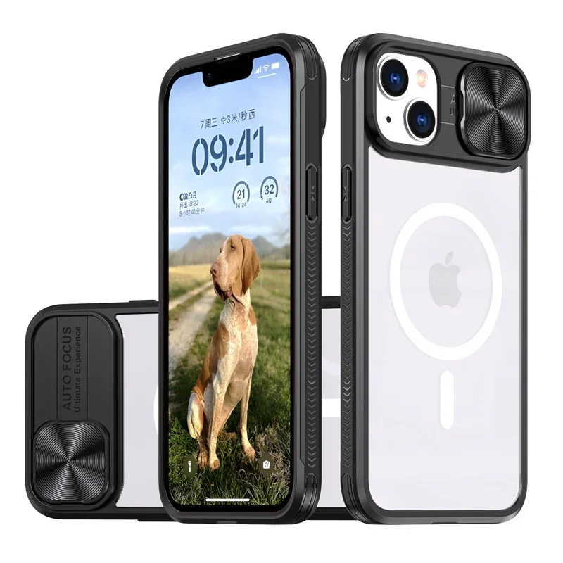 Capa Protetora Com Carregamento Sem Fio Magnético Magsafe (iphone 12 Pro, Preta) Com Tampa Deslizante De Acrílico Para Lente.