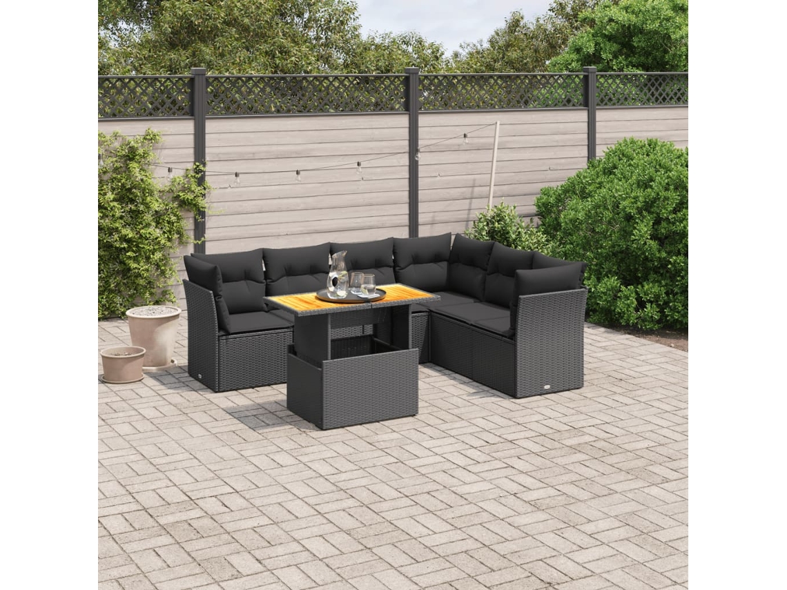 Vidaxl 7 Pcs Conjunto De Sofás P/ Jardim C/ Almofadões Vime Pe Preto