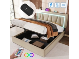 Cama Box Led Casal Com Usb Tipo C, Iluminação Led E Armazenamento, Estrutura Em Linho 160x200 Cm Com Estrado Ehstmind (inclui Colchão)