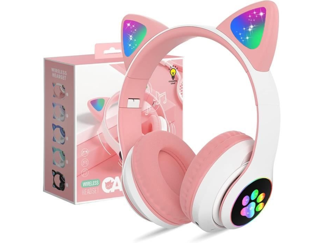 Fones de Ouvido Bluetooth Sem Fio para Crianças Orelha de Gato Fofa Dobrável Rosa Sem Fio