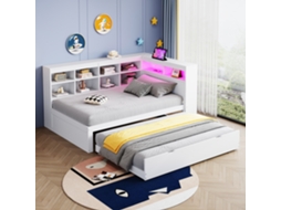 Sofá Madeira 90x200 Cama Auxiliar Usb Led e Prateleiras Branco