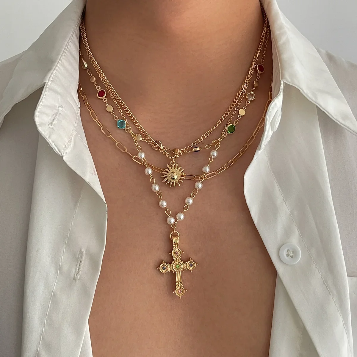 (dourado) Corrente De Clavícula Com Pingente De Sol Estilo Hip Hop E Cristal