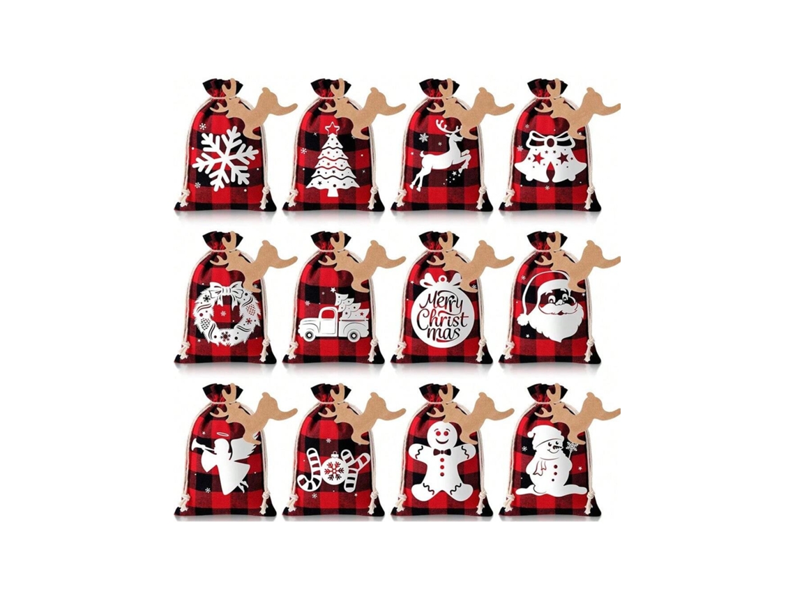 Conjunto De Sacolas De Xadrez De Natal, Sacolas De Algodão Com Cordão, Embalagem Para Doces Igvtrade (12 Sacolas 1014cm 12 Rótulos 10m Corda De Juta)