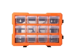 Caixa organizadora para pequenos objetos com 12 compartimentos, ideal para gavetas e ferragens.