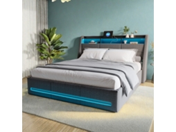 Cama De Casal 160 X 200 Cm, Cama Com Arrumação Hidráulica, Estofos Em Led, Faixas De Luz Na Cabeceira E Nos Pés Da Cama, Tecido De Linho, Cinzento
