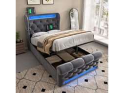 Cama Solteiro 90x200cm Led Armário Cabeceira Usb Cinza Seda