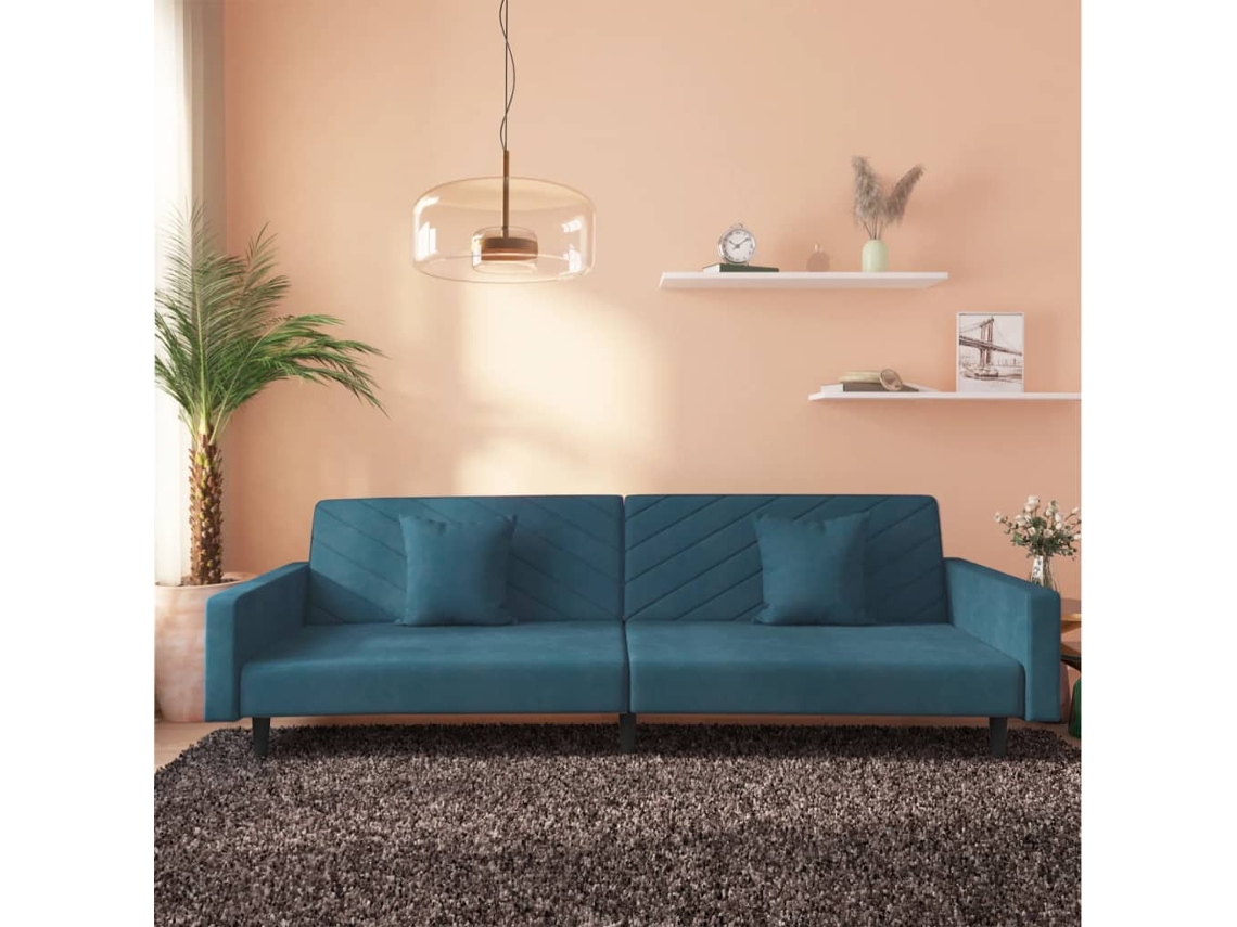 Vidaxl Sofá-cama 2 Lugares Com Duas Almofadas Veludo Azul