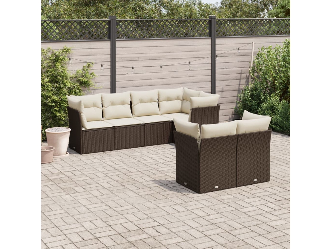 Vidaxl 7 Pcs Conjunto De Sofás Jardim C/ Almofadões Vime Pe Castanho