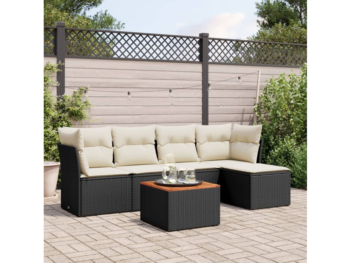 6 Pcs Conjunto Sofás De Jardim C/ Almofadões Vime Pe Preto Dkd Home Decor