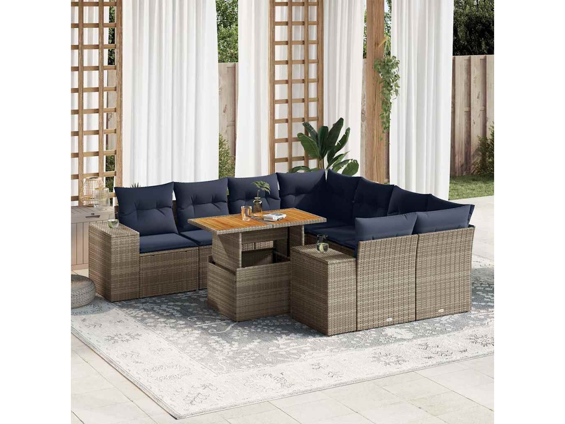 Vidaxl 9 Pcs Conjunto Sofás P/ Jardim Com Almofadões Vime Pe Cinzento