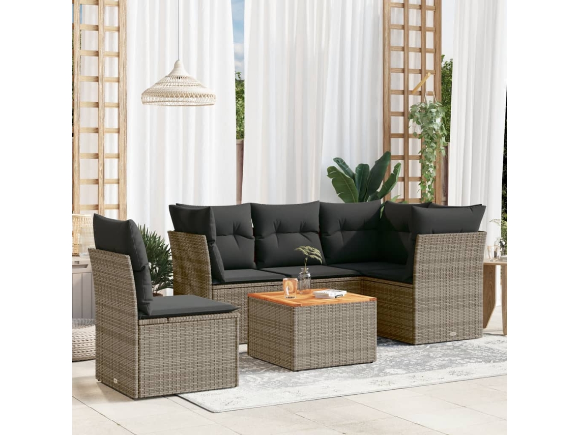 Vidaxl 6 Pcs Conjunto Sofás De Jardim Com Almofadões Vime Cinzento
