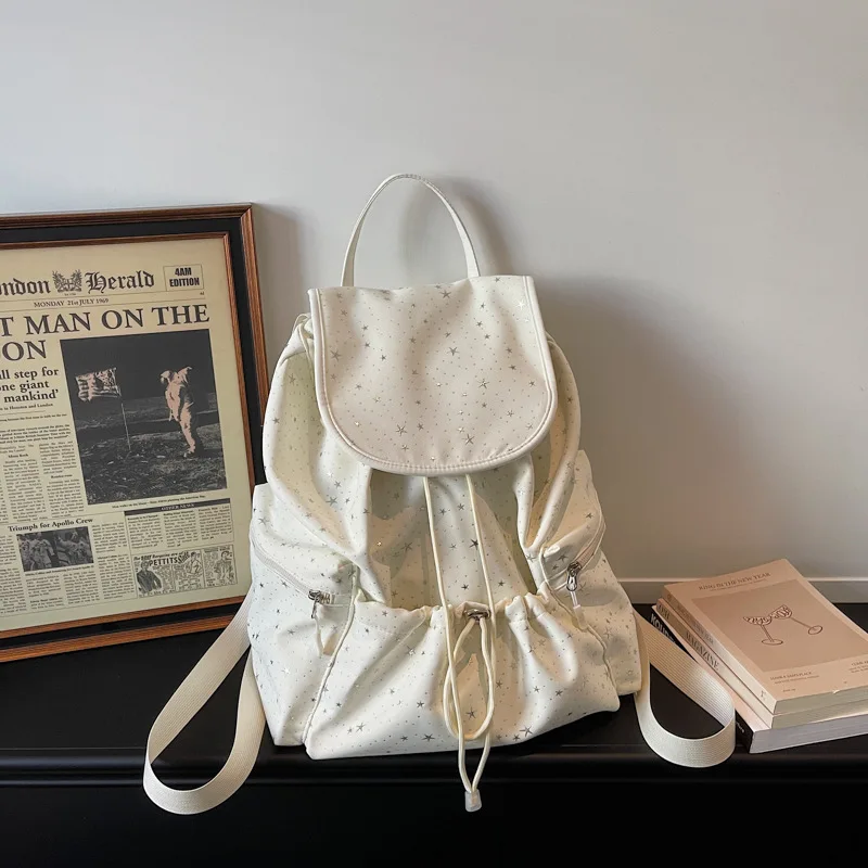 Mochila Feminina Marrom-clara Com Estampa De Estrelas, Bolsa De Ombro.