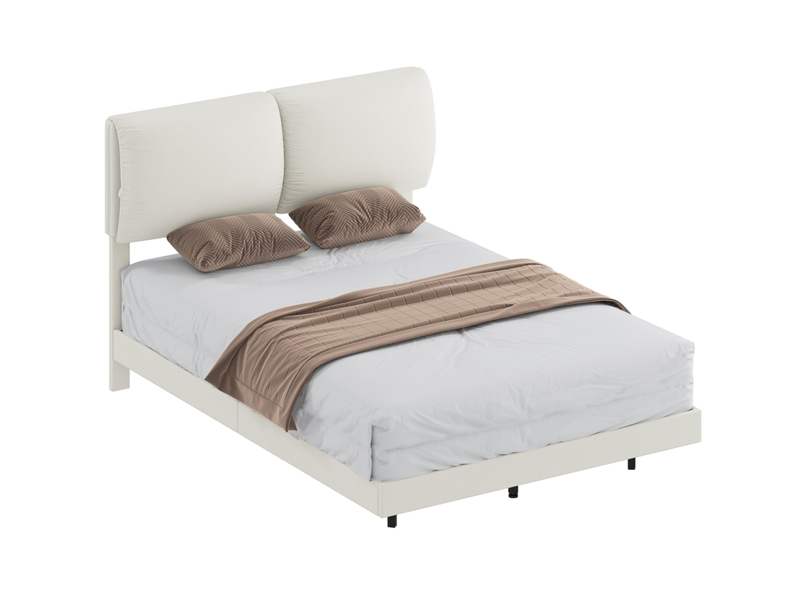 Cama Dupla de Base de 135x190 Cm com Cabeceira Acolchoada com Efeito Flutuante em Estrutura Metálica Bege Ge