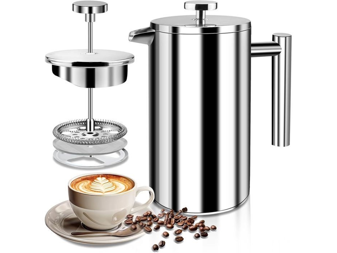 Cafeteira Francesa Netboat Com 2 Filtros De Café Reutilizáveis ​​em Aço Inoxidável, 1 Litro (1000 Ml)