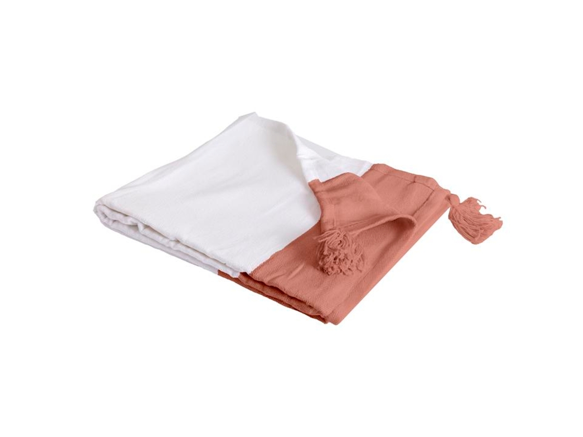 Manta 100% Algodão Rosa Salmão Xadrez Com Pompons 130x170cm Slavann