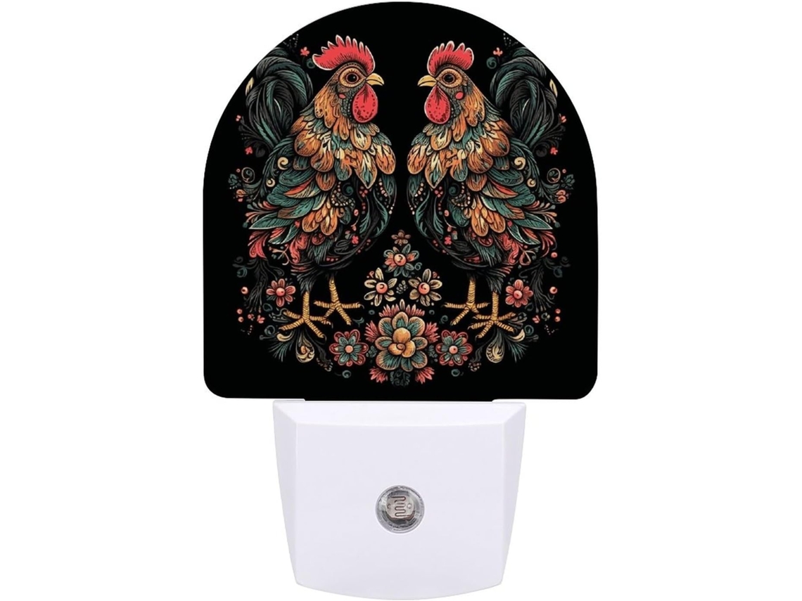 Abajur em formato de galinha com estampa floral e sensor de LED, luz noturna suave em branco quente.