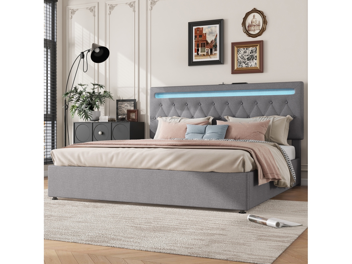 Cama Casal 180x200cm Com Mecanismo Hidráulico, Iluminação E Usb Cinza