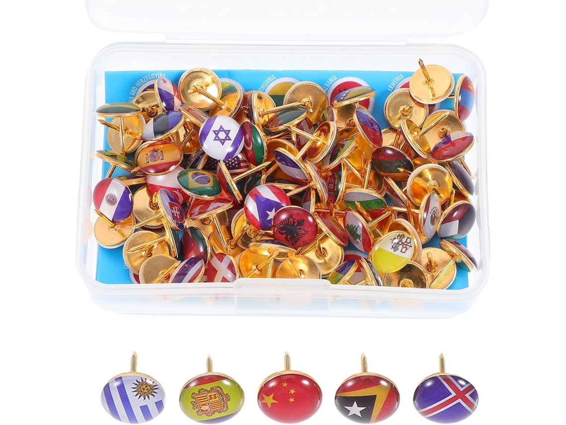 Tachinhas metálicas Soimiss, 100 unidades, em Zinco League, com bandeiras do mundo, ideais para decorar praças.