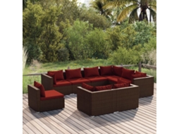 Vidaxl 9 Pcs Conjunto Lounge De Jardim C/ Almofadões Vime Pe Castanho