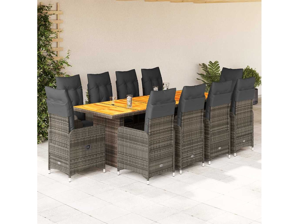 Vidaxl 11 Pcs Conjunto Bistrô De Jardim C/ Almofadões Vime Pe Cinzento