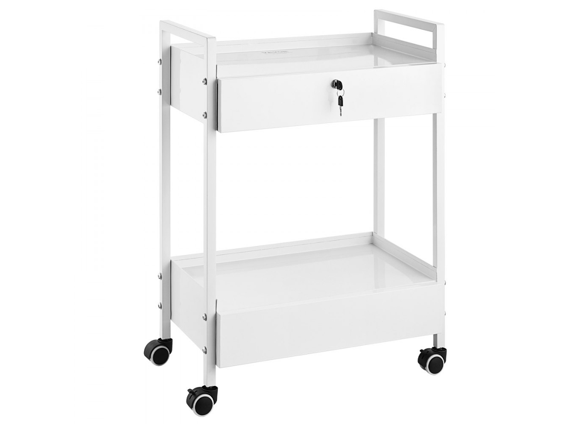 Carrinho de laboratório de aço inoxidável com 2 níveis, 2 gavetas e rodas, capacidade de 100 kg.