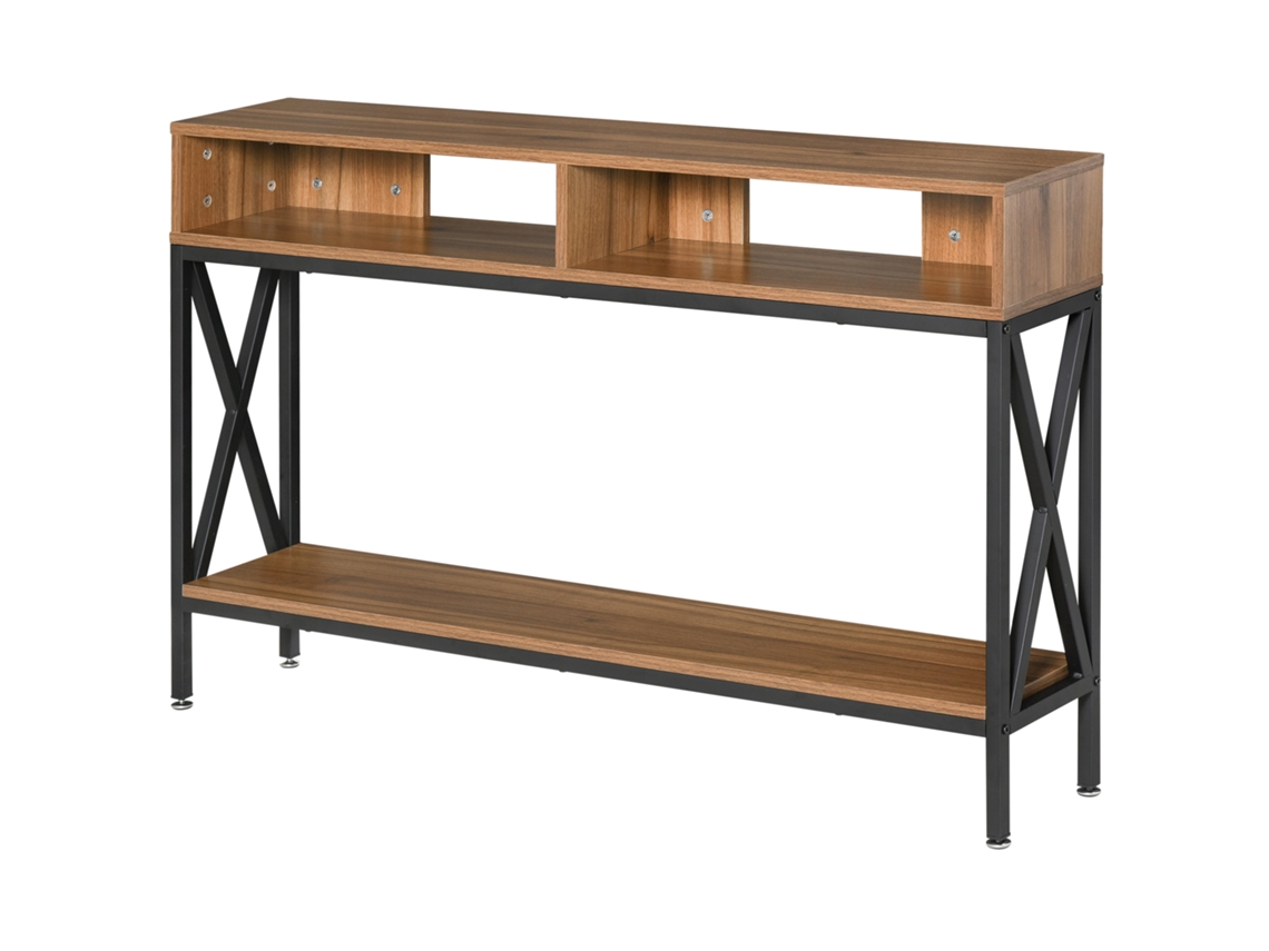 Mesa De Console/entrada Em Estilo Industrial Com Vários Compartimentos De Armazenamento, 120 X 23,5 X 75 Cm, Madeira De Nogueira.