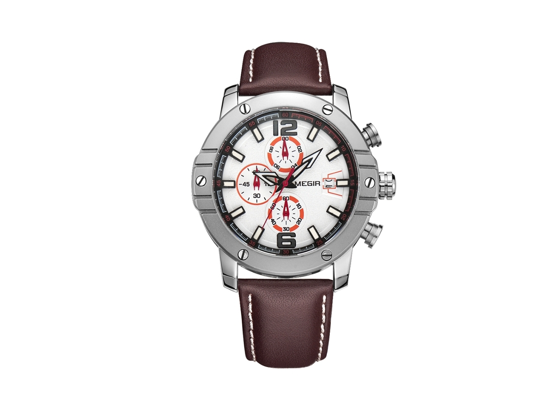 Relógio masculino Megir Fashion à prova d'água em metal com pulseira de couro ajustável, marrom e branco.