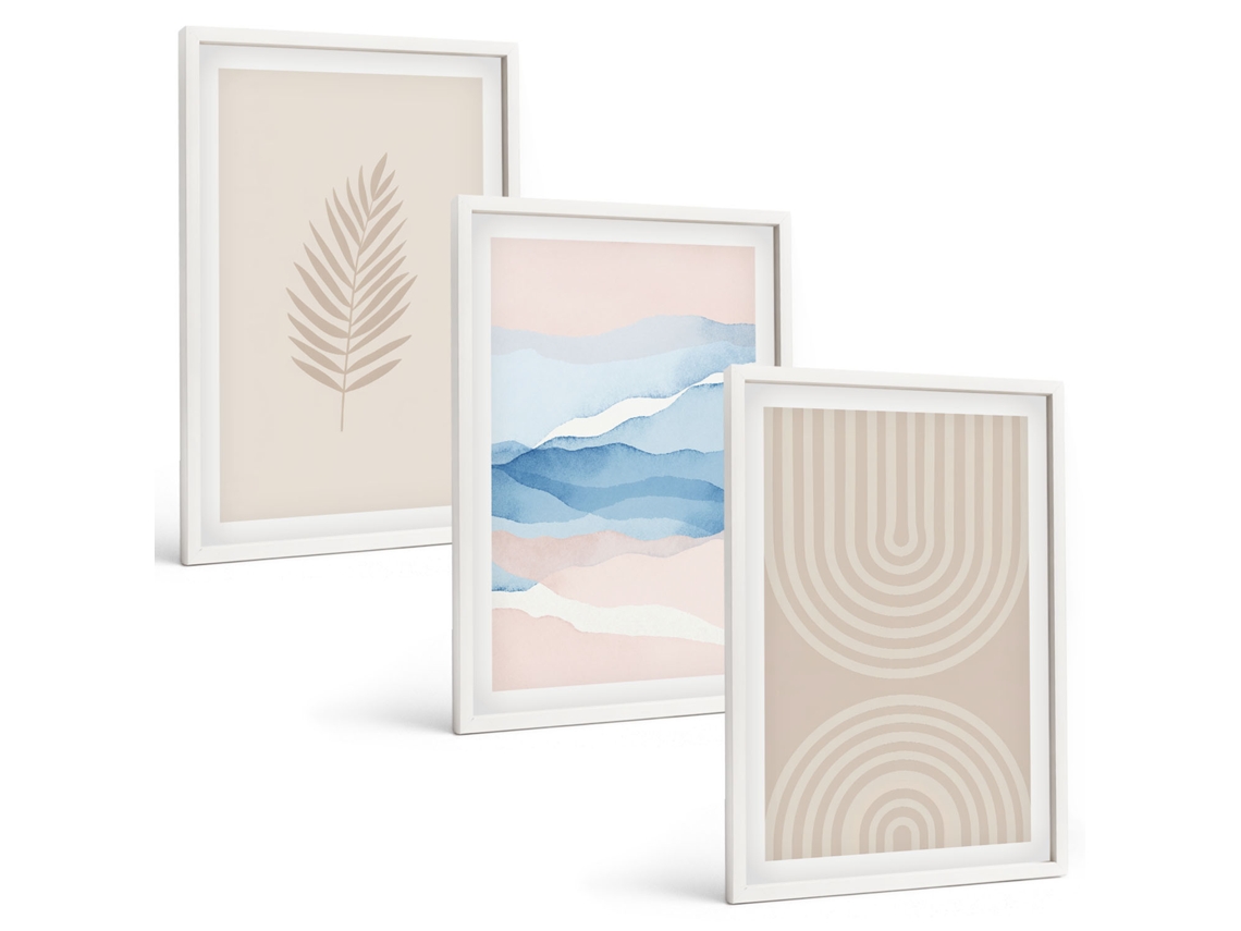 Conjunto De Pinturas Folhas, Ondas, Bege E Azul Espelharte (3 Peças 40x60 Cm)