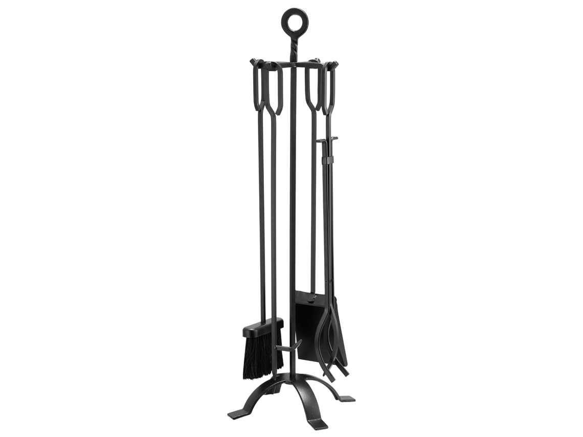 Conjunto de Ferramentas para Lareira, 5 Peças, Suporte Quatro Pontas, Pinças, Pá Cinzas, Escova, Atizador, Acessório Ferro Forjado Fogareiros, Preto,