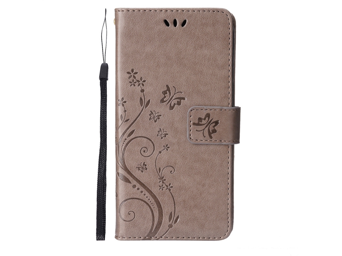 Capa Para Iphone 17 Air Cinza Borboleta Em Couro Com Aba E Borboleta Em Relevo